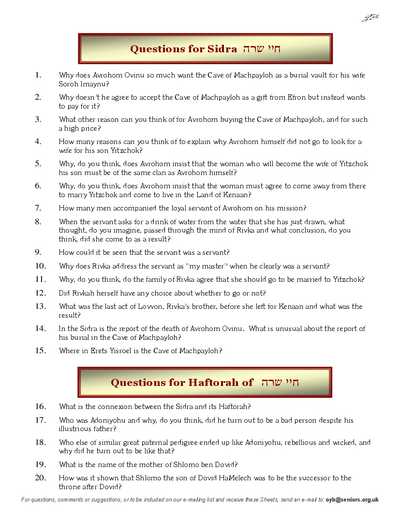 Questions on the Sidra — Parshas Chayei Sarah