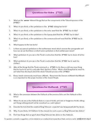 Questions on the Sidra — Parshas Metzora