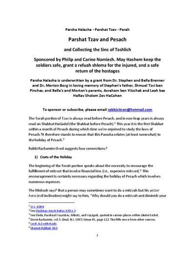 Parsha Halacha — Parshas Tsav