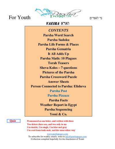 Parsha Pages Youth — Parshas Va'eira