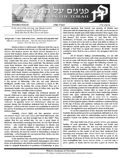 Peninim on the Torah — Parshas Korach