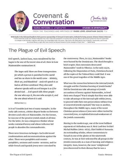 Covenant & Conversation — Parshas Tazria-Metzora