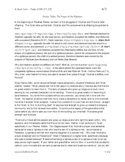 Michal Horowitz - Shiurim & Classes — Parshas Toldos
