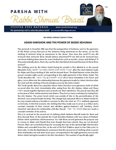 Parsha with Rabbi Shmuel Brazil — Parshas Tetzaveh