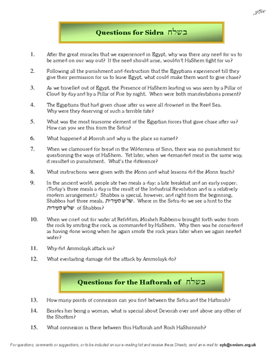 Questions on the Sidra — Parshas Beshalach