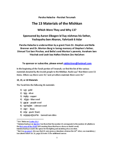 Parsha Halacha — Parshas Terumah