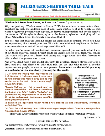Facebuker Shabbos Table Talk — Parshas Vayeitzei