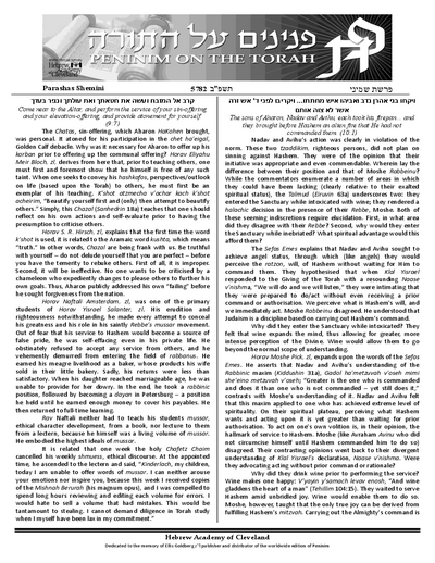 Peninim on the Torah — Parshas Shemini