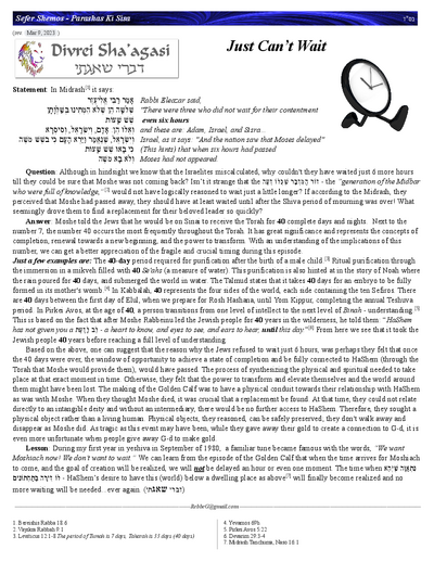 Divrei Shaagasi — Parshas Ki Sisa