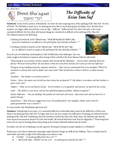 Divrei Shaagasi — Parshas Beshalach