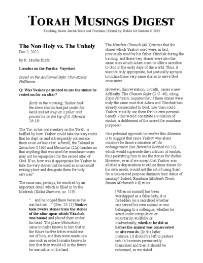 Torah Musings — Parshas Vayeitzei