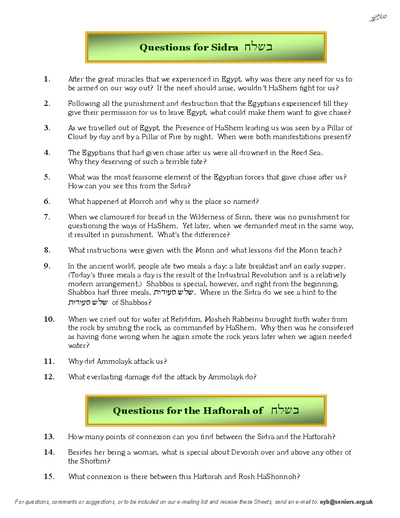 Questions on the Sidra — Parshas Beshalach
