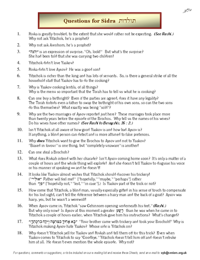 Questions on the Sidra — Parshas Toldos