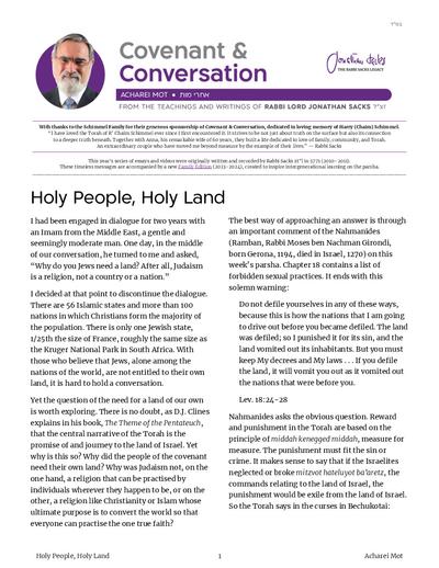 Covenant & Conversation — Parshas Acharei Mos