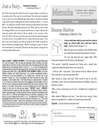 Menucha Magazine — Parshas Terumah