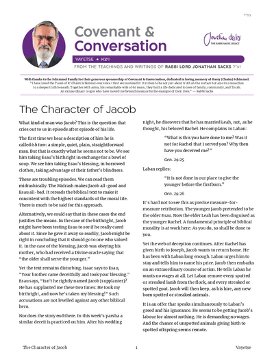 Covenant & Conversation — Parshas Vayeitzei