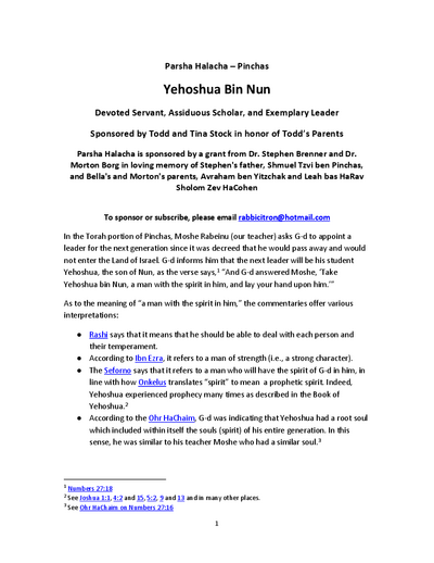 Parsha Halacha — Parshas Pinchas