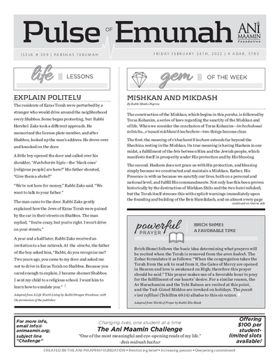 Pulse of Emunah — Parshas Terumah