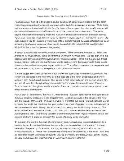 Michal Horowitz - Shiurim & Classes — Parshas Matos-Massei
