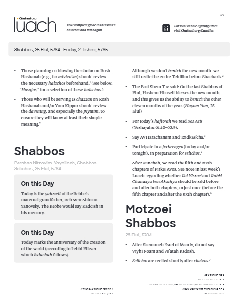 Chabad.org Luach — Parshas Nitzavim-Vayelech