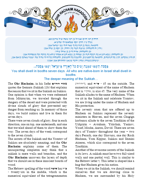 Ohr Hachaim Hakadosh — Parshas Sukkos