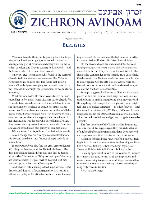 Zichron Avinoam — Parshas Bereishis