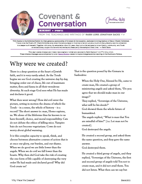 Covenant & Conversation — Parshas Bereishis