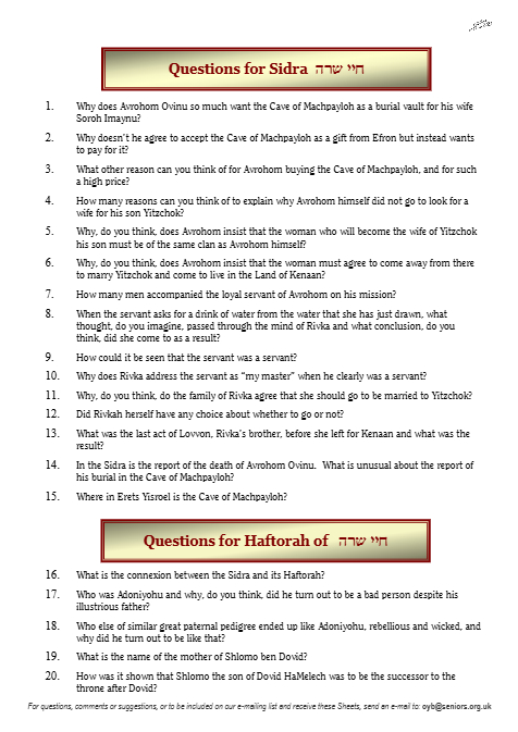 Questions on the Sidra — Parshas Chayei Sarah