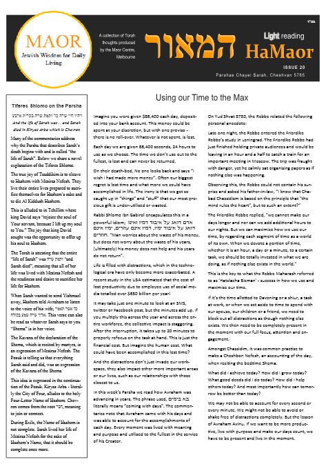 MAOR CENTRE publications  — Parshas Chayei Sarah