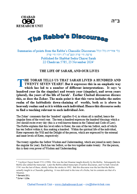 Chabad Research Unit — Parshas Chayei Sarah