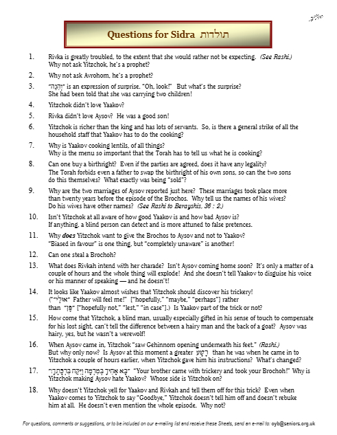 Questions on the Sidra — Parshas Toldos