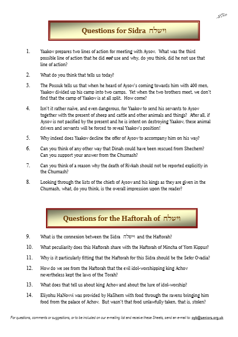 Questions on the Sidra — Parshas Vayishlach