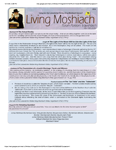 Living Moshiach — Parshas Vayishlach