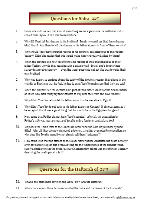 Questions on the Sidra — Parshas Vayeishev