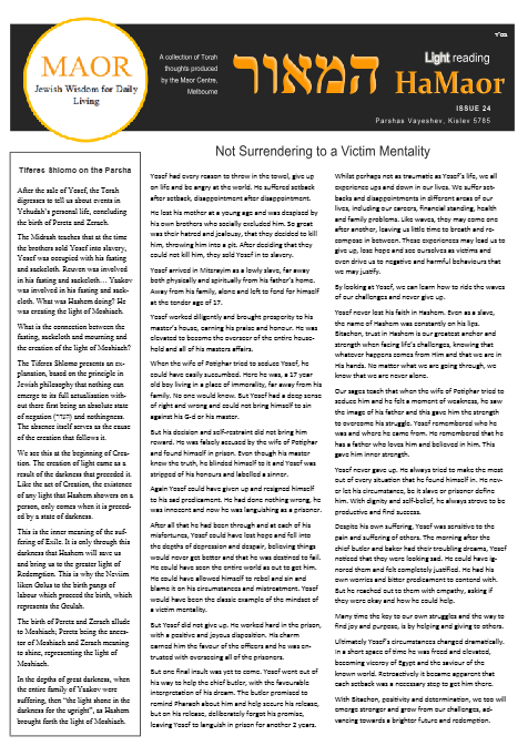 MAOR CENTRE publications  — Parshas Vayeishev