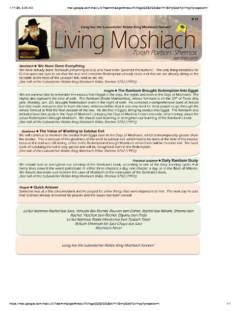 Living Moshiach — Parshas Shemos