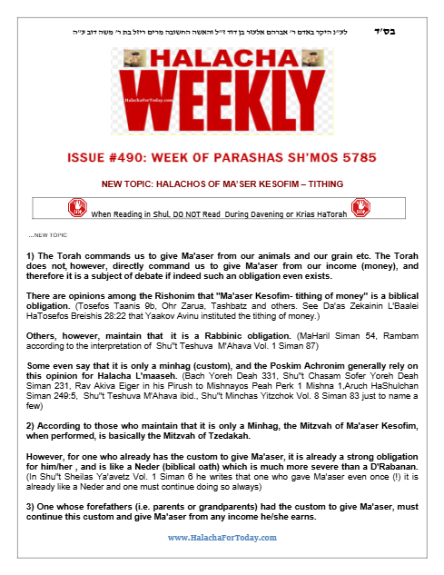 Halacha Weekly — Parshas Shemos
