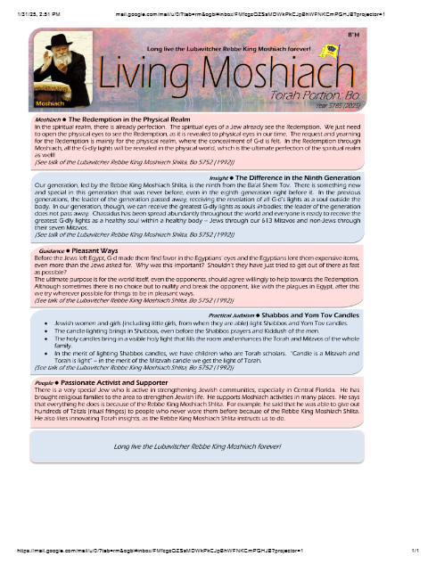 Living Moshiach — Parshas Bo