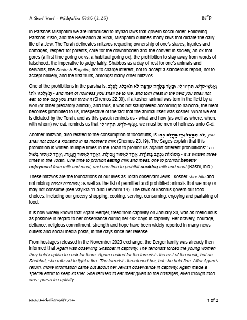 Michal Horowitz - Shiurim & Classes — Parshas Mishpatim