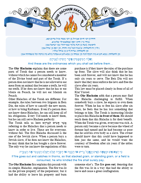 Ohr Hachaim Hakadosh — Parshas Mishpatim