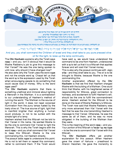 Ohr Hachaim Hakadosh — Parshas Tetzaveh