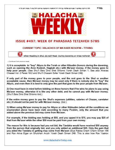 Halacha Weekly — Parshas Tetzaveh