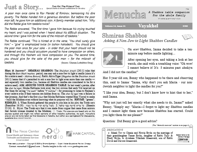 Menucha Magazine — Parshas Vayak'hel