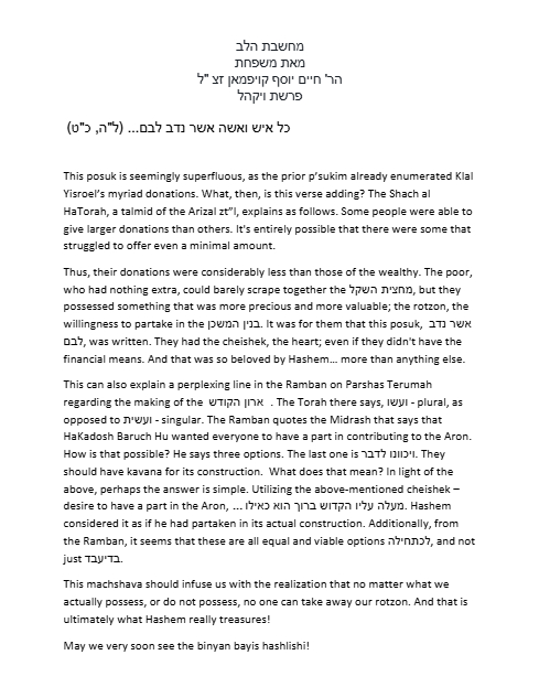 Zichron Avinoam — Parshas Vayak'hel