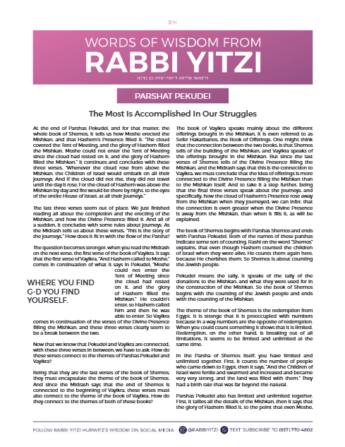 Words of Wisdom from Rabbi Yitzi — Parshas Pekudei