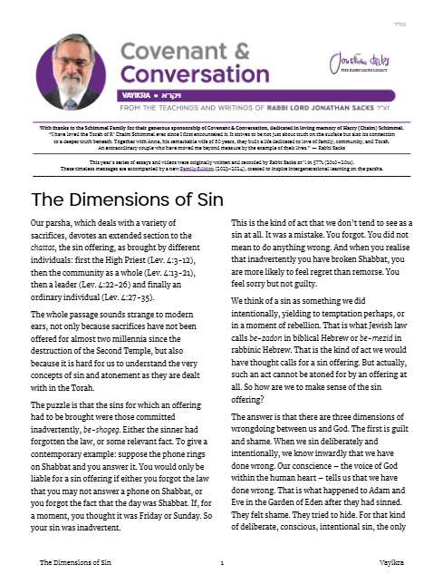 Covenant & Conversation — Parshas Vayikra