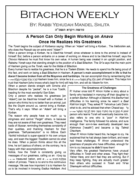 Bitachon Weekly — Parshas Vayikra