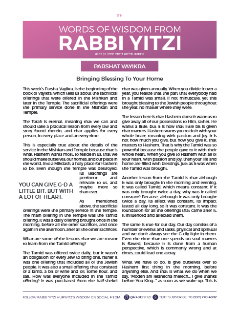 Words of Wisdom from Rabbi Yitzi — Parshas Vayikra