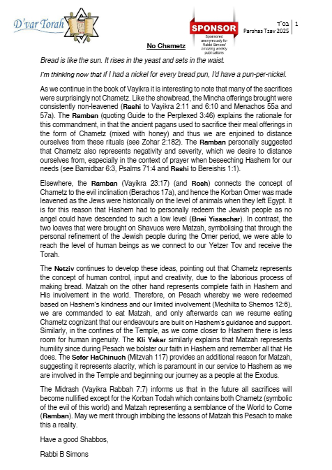 Torah Papers — Parshas Tsav