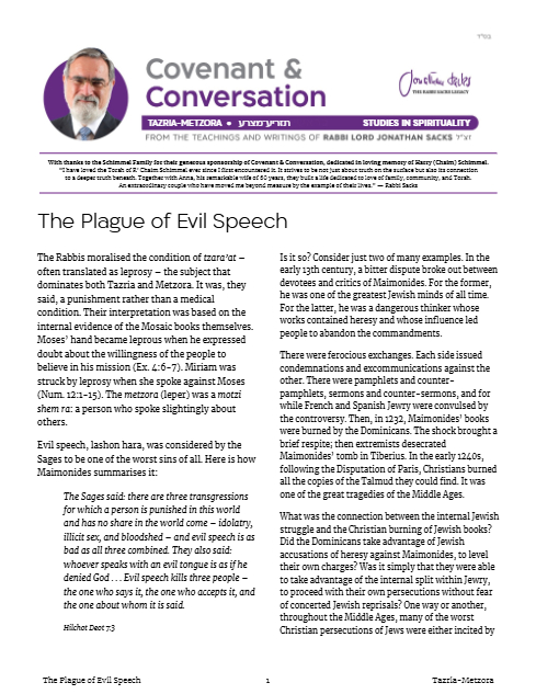 Covenant & Conversation — Parshas Tazria-Metzora